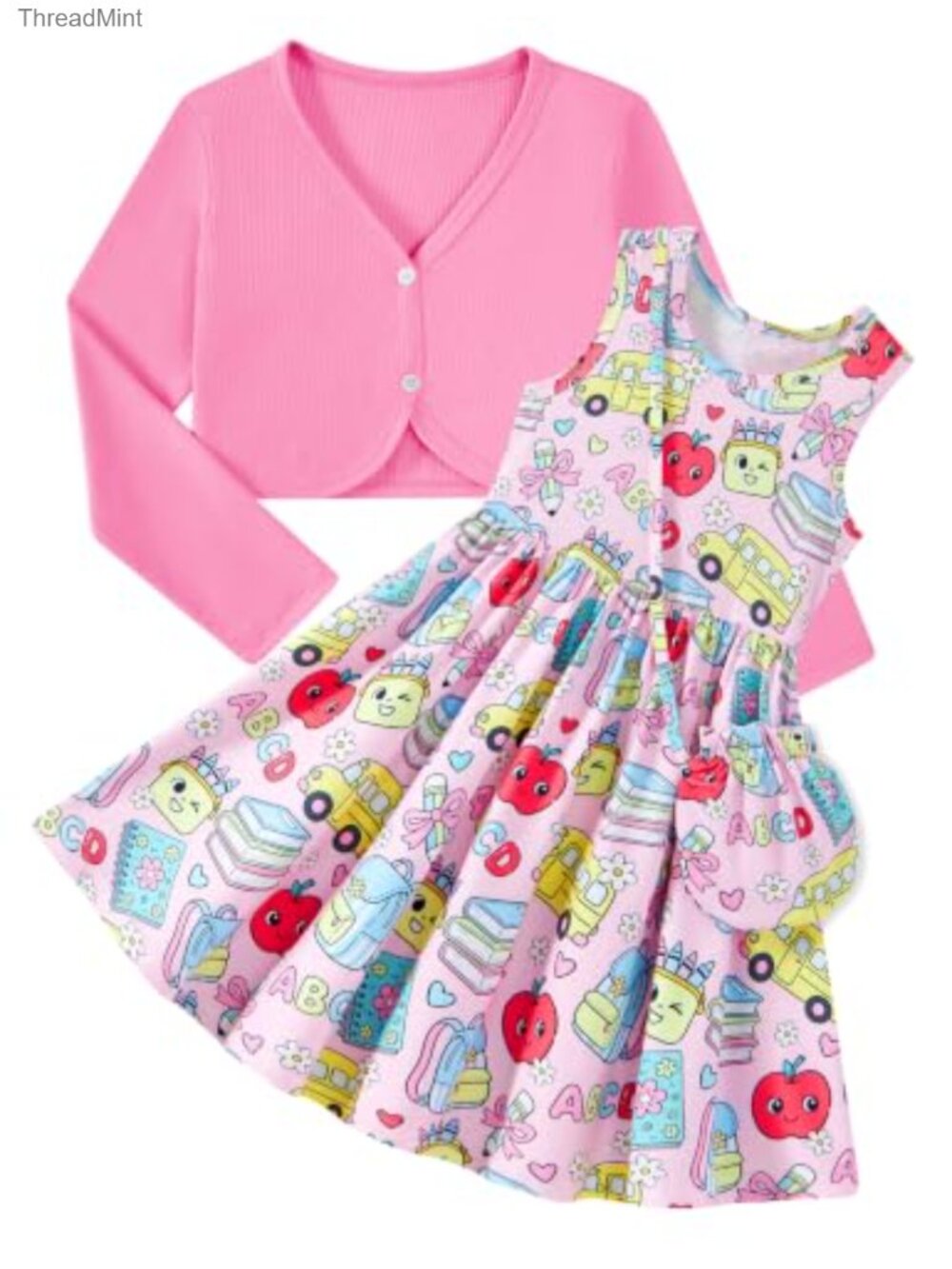 Girls 3-Piece Dress Set with Cardigan & Crossbody Bag 3-7T
